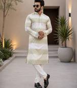 Lime green color embroidery work & shading print cotton men's kurta payjama set