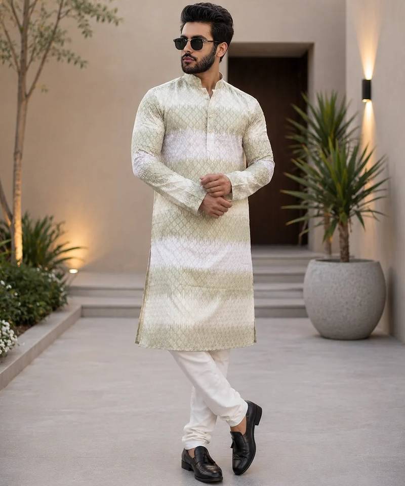 Lime green color embroidery work & shading print cotton men's kurta payjama set