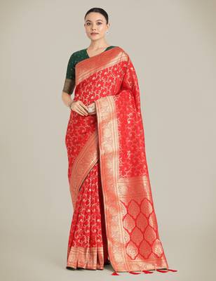 red silk blend banarasi jacuard work saree with unstitched blouse piece 1