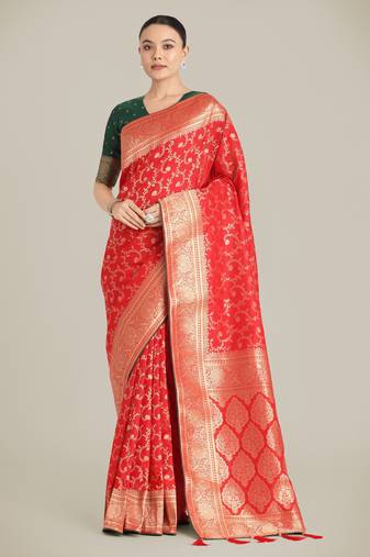 red silk blend banarasi jacuard work saree with unstitched blouse piece