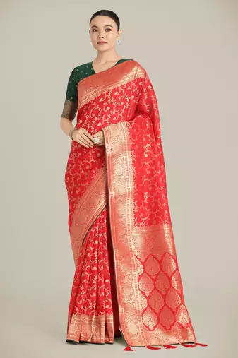 red silk blend banarasi jacuard work saree with unstitched blouse piece