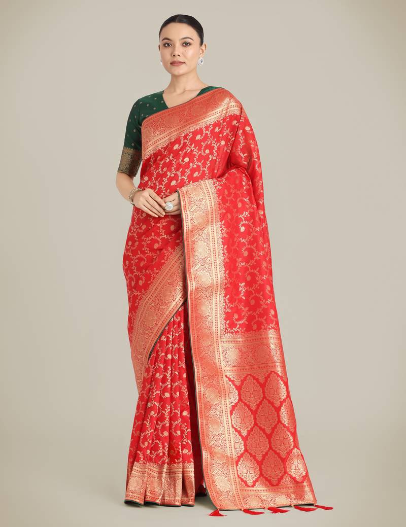 red silk blend banarasi jacuard work saree with unstitched blouse piece