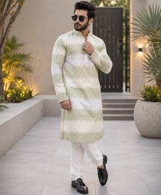 Lime green color embroidery work & shading print cotton men's kurta payjama set 2