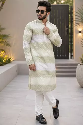 Lime green color embroidery work & shading print cotton men's kurta payjama set