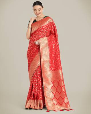 red silk blend banarasi jacuard work saree with unstitched blouse piece 2