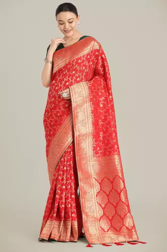 red silk blend banarasi jacuard work saree with unstitched blouse piece