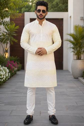 Lemon yellow color embroidery work & shading print cotton men's kurta payjama set