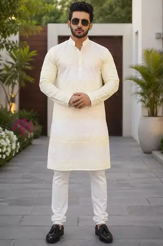 Lemon yellow color embroidery work & shading print cotton men's kurta payjama set