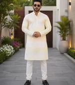 Lemon yellow color embroidery work & shading print cotton men's kurta payjama set