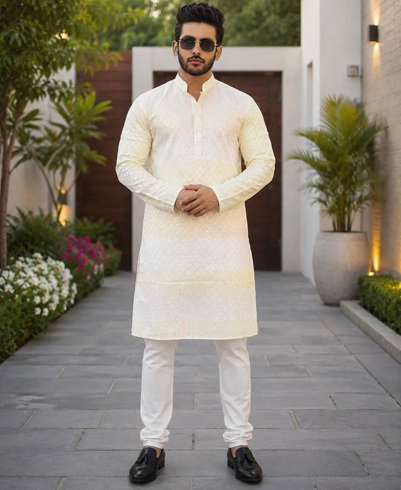 Lemon yellow color embroidery work & shading print cotton men's kurta payjama set