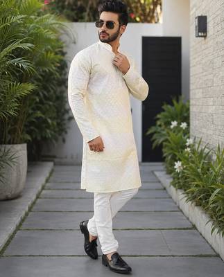 Lemon yellow color embroidery work & shading print cotton men's kurta payjama set 2