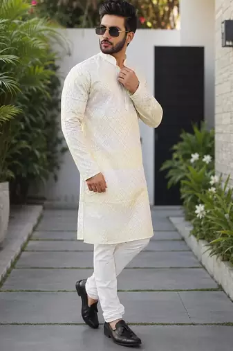 Lemon yellow color embroidery work & shading print cotton men's kurta payjama set