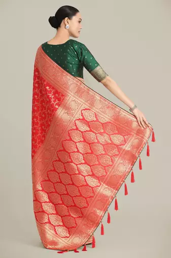 red silk blend banarasi jacuard work saree with unstitched blouse piece