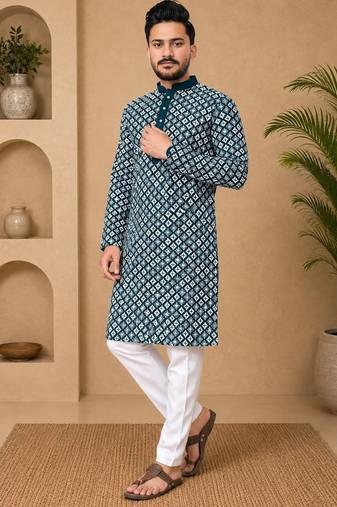 Teal color white embroidery thread work with multi sequence silk men's kurta payjama set