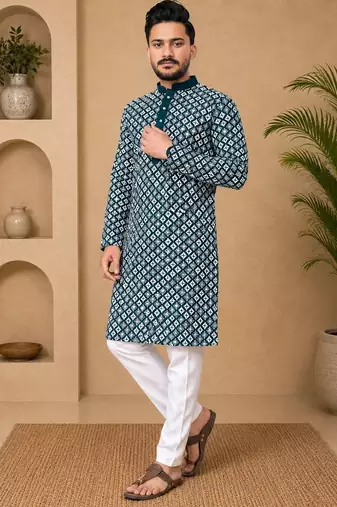 Teal color white embroidery thread work with multi sequence silk men's kurta payjama set