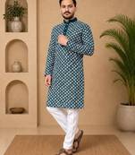 Teal color white embroidery thread work with multi sequence silk men's kurta payjama set