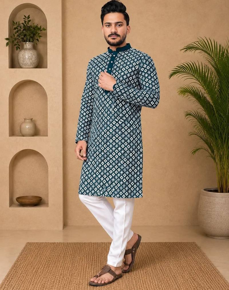 Teal color white embroidery thread work with multi sequence silk men's kurta payjama set