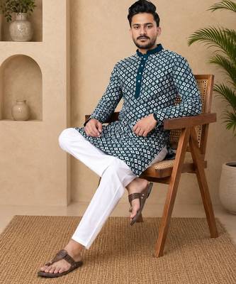 Teal color white embroidery thread work with multi sequence silk men's kurta payjama set 2