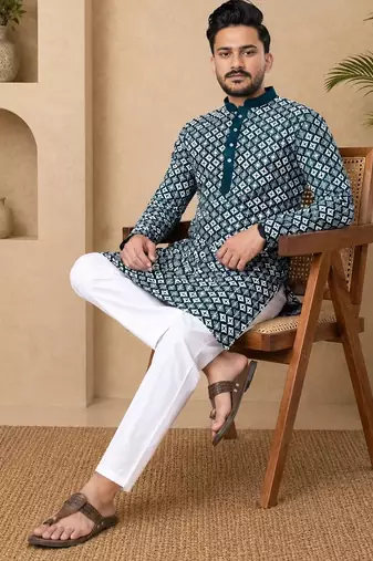 Teal color white embroidery thread work with multi sequence silk men's kurta payjama set