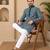 Teal color white embroidery thread work with multi sequence silk men's kurta payjama set
