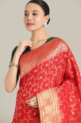 red silk blend banarasi jacuard work saree with unstitched blouse piece