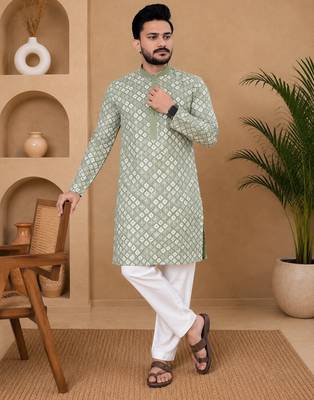 Pista color white embroidery thread work with multi sequence silk men's kurta payjama set 1