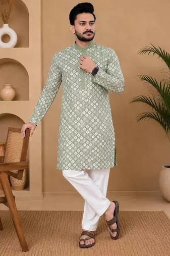 Pista color white embroidery thread work with multi sequence silk men's kurta payjama set