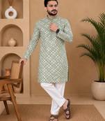 Pista color white embroidery thread work with multi sequence silk men's kurta payjama set
