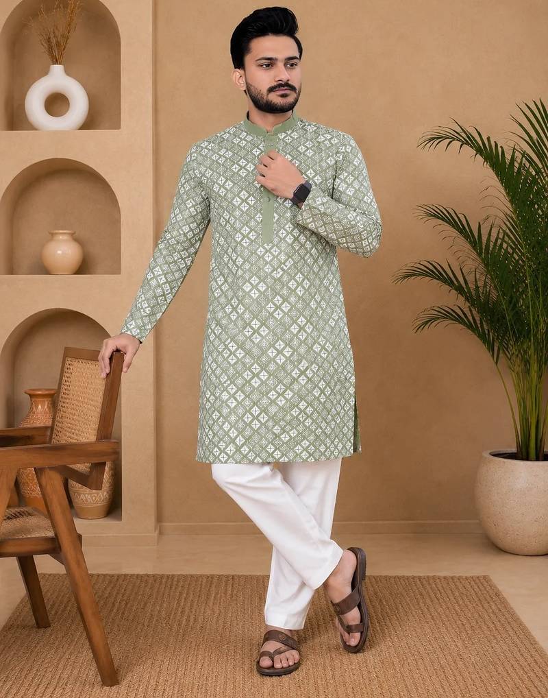 Pista color white embroidery thread work with multi sequence silk men's kurta payjama set