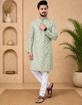 Pista color white embroidery thread work with multi sequence silk men's kurta payjama set 2
