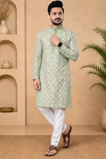 Pista color white embroidery thread work with multi sequence silk men's kurta payjama set