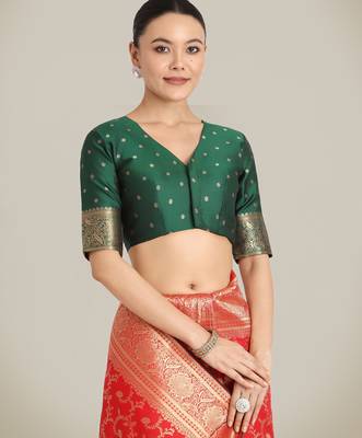 red silk blend banarasi jacuard work saree with unstitched blouse piece 5