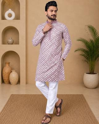 Lavender color white embroidery thread work with multi sequence silk men's kurta payjama set 1