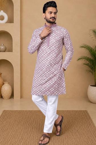 Lavender color white embroidery thread work with multi sequence silk men's kurta payjama set
