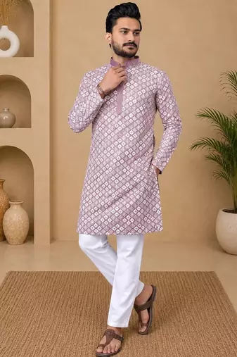 Lavender color white embroidery thread work with multi sequence silk men's kurta payjama set