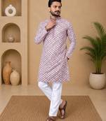 Lavender color white embroidery thread work with multi sequence silk men's kurta payjama set