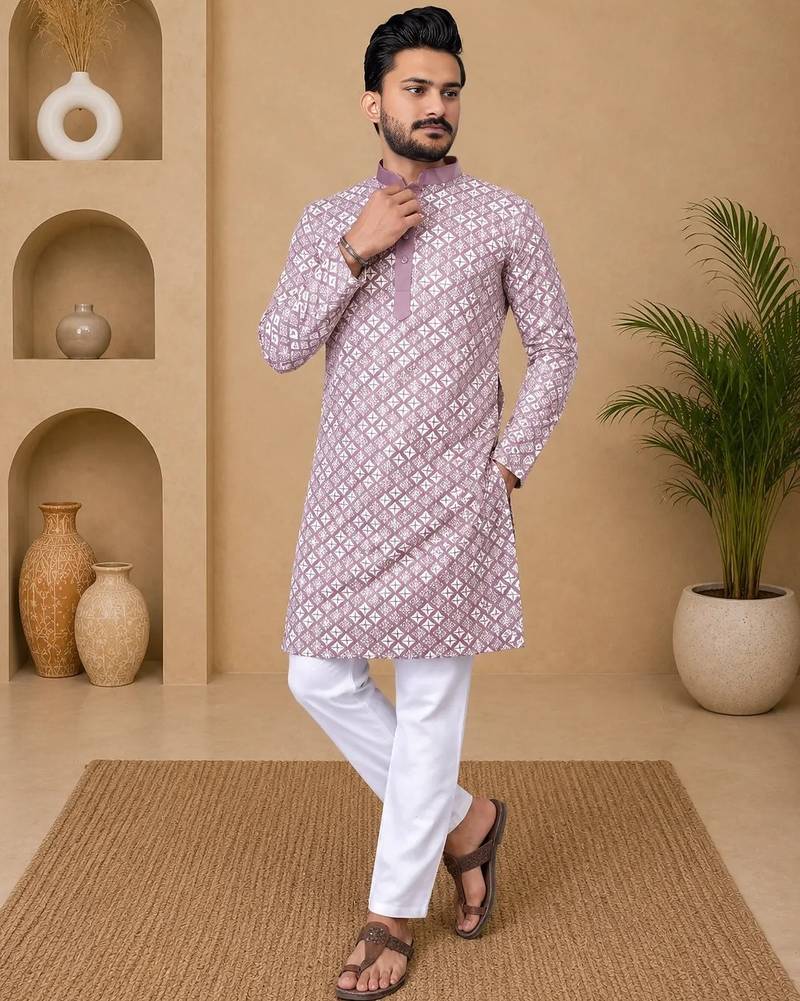Lavender color white embroidery thread work with multi sequence silk men's kurta payjama set