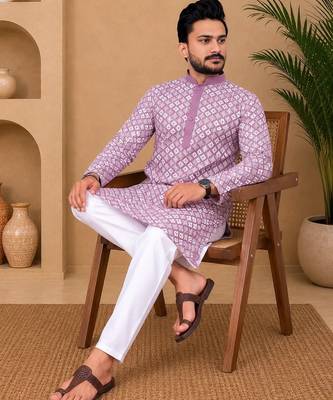 Lavender color white embroidery thread work with multi sequence silk men's kurta payjama set 2