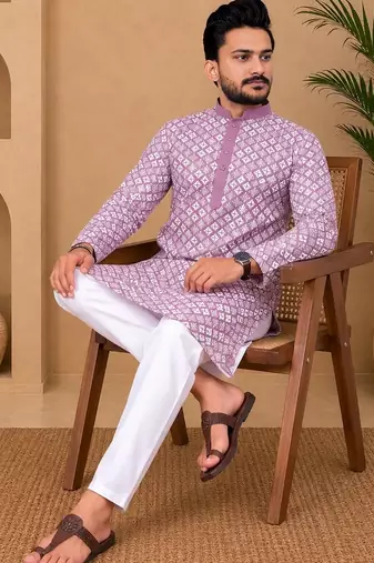 Lavender color white embroidery thread work with multi sequence silk men's kurta payjama set