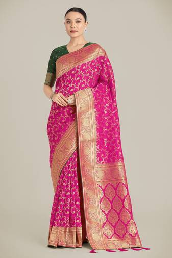 pink silk blend banarasi jacuard work saree with unstitched blouse piece