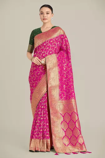 pink silk blend banarasi jacuard work saree with unstitched blouse piece