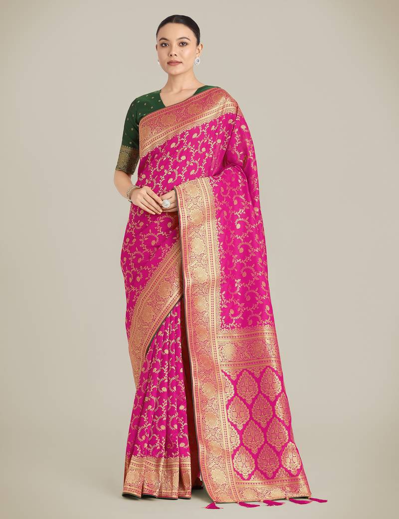 pink silk blend banarasi jacuard work saree with unstitched blouse piece