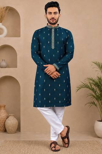 Teal color all over silver jari with embroidery buti matka silk men's kurta payjama set