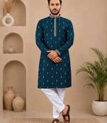 Teal color all over silver jari with embroidery buti matka silk men's kurta payjama set