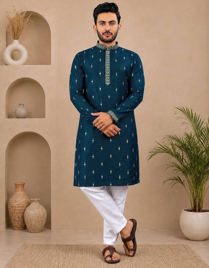 Teal color all over silver jari with embroidery buti matka silk men's kurta payjama set