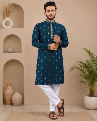 Teal color all over silver jari with embroidery buti matka silk men's kurta payjama set 2