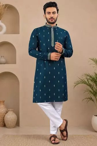 Teal color all over silver jari with embroidery buti matka silk men's kurta payjama set