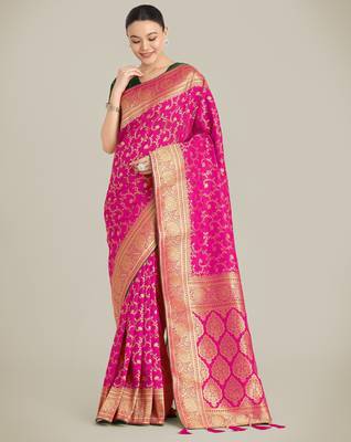 pink silk blend banarasi jacuard work saree with unstitched blouse piece 2