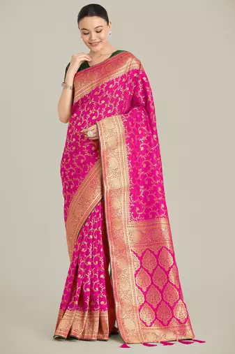 pink silk blend banarasi jacuard work saree with unstitched blouse piece