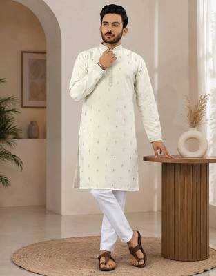 Off-white color all over silver jari with embroidery buti matka silk men's kurta payjama set 1
